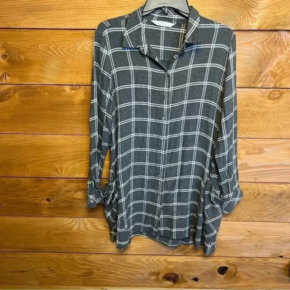 Women's pre-worn Zara Basic Z1975 Denim Large gray button up plaid Metallic stri - Picture 2 of 9